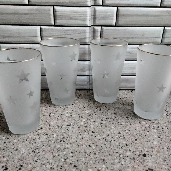 New Set of 4 Stars Pattern Gold Rim Frosted Glasses (C) - Picture 1 of 4